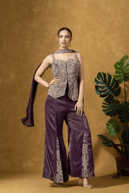 Wine Embroidered Indo-Western Jacket &amp; Flared Pants Set