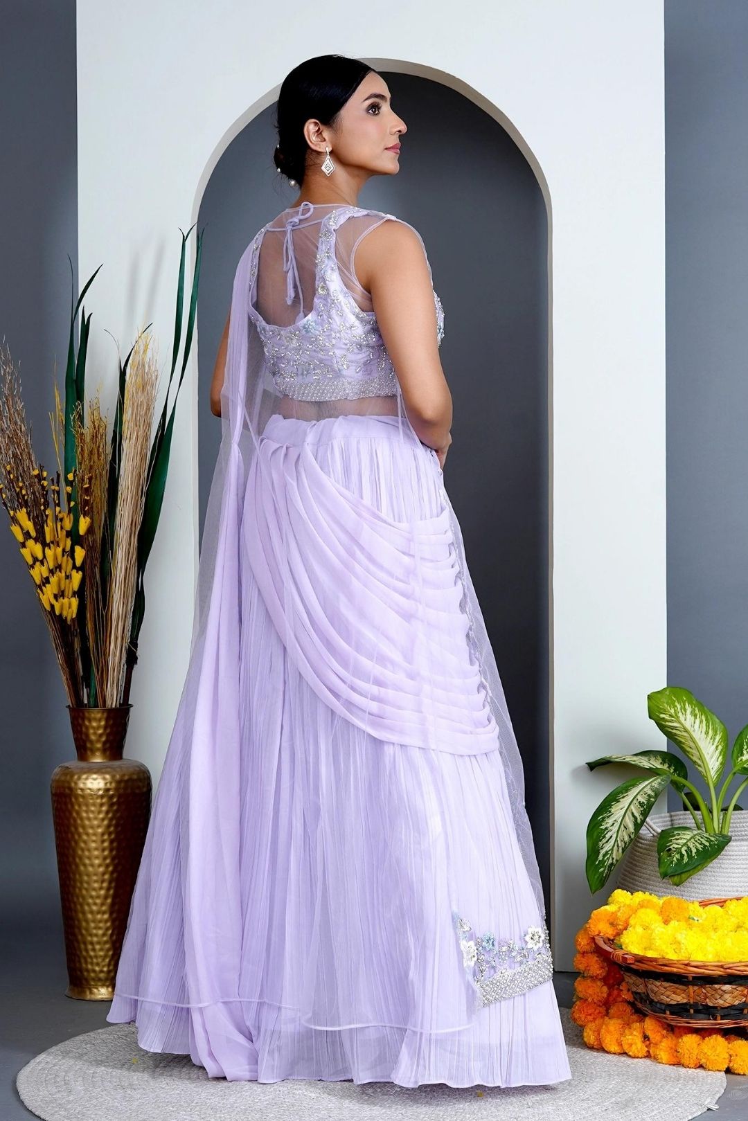 Lavender Georgette Draped Jacket Saree Set