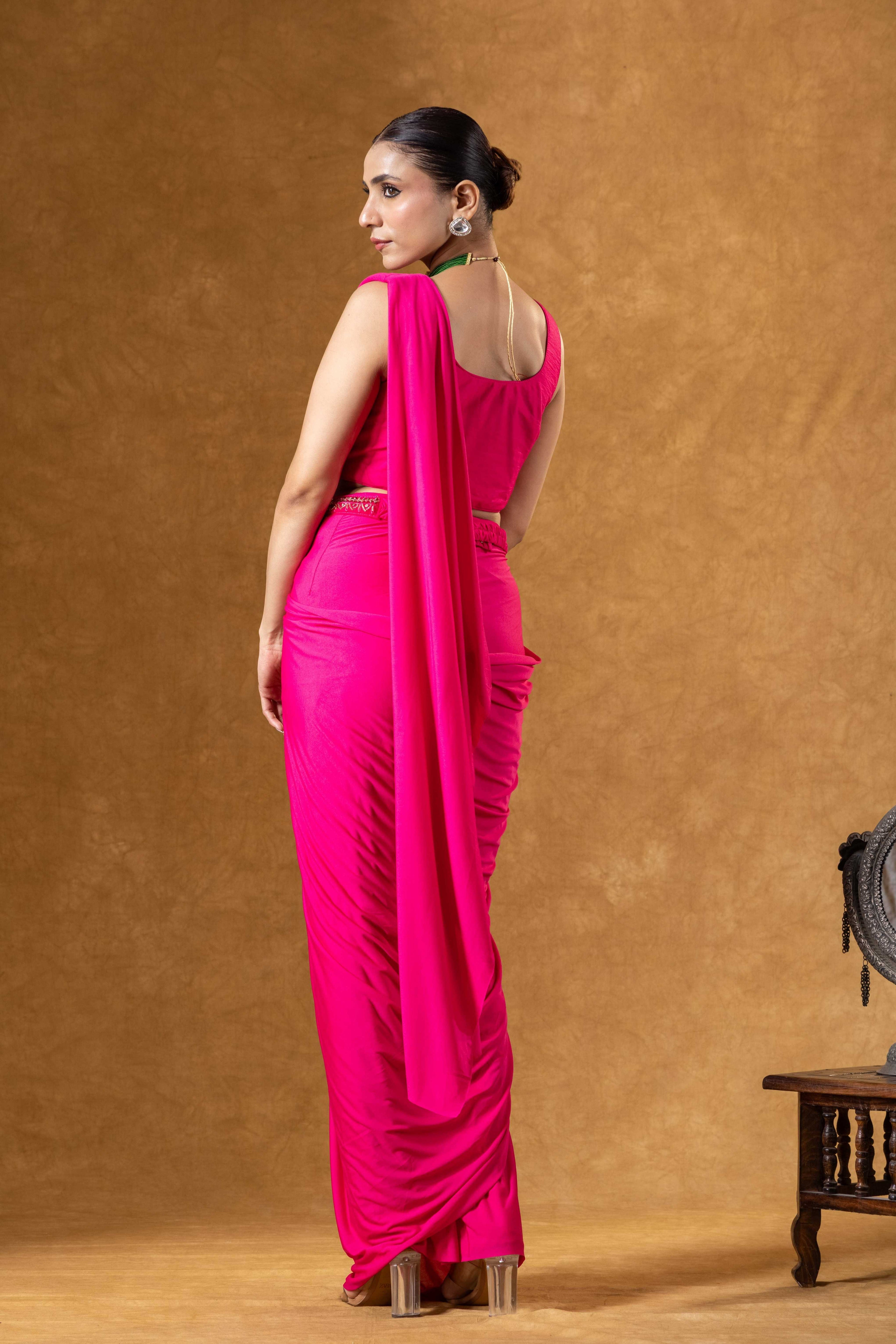 Hot Pink Draped Saree Ensemble