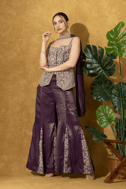 Wine Embroidered Indo-Western Jacket &amp; Flared Pants Set