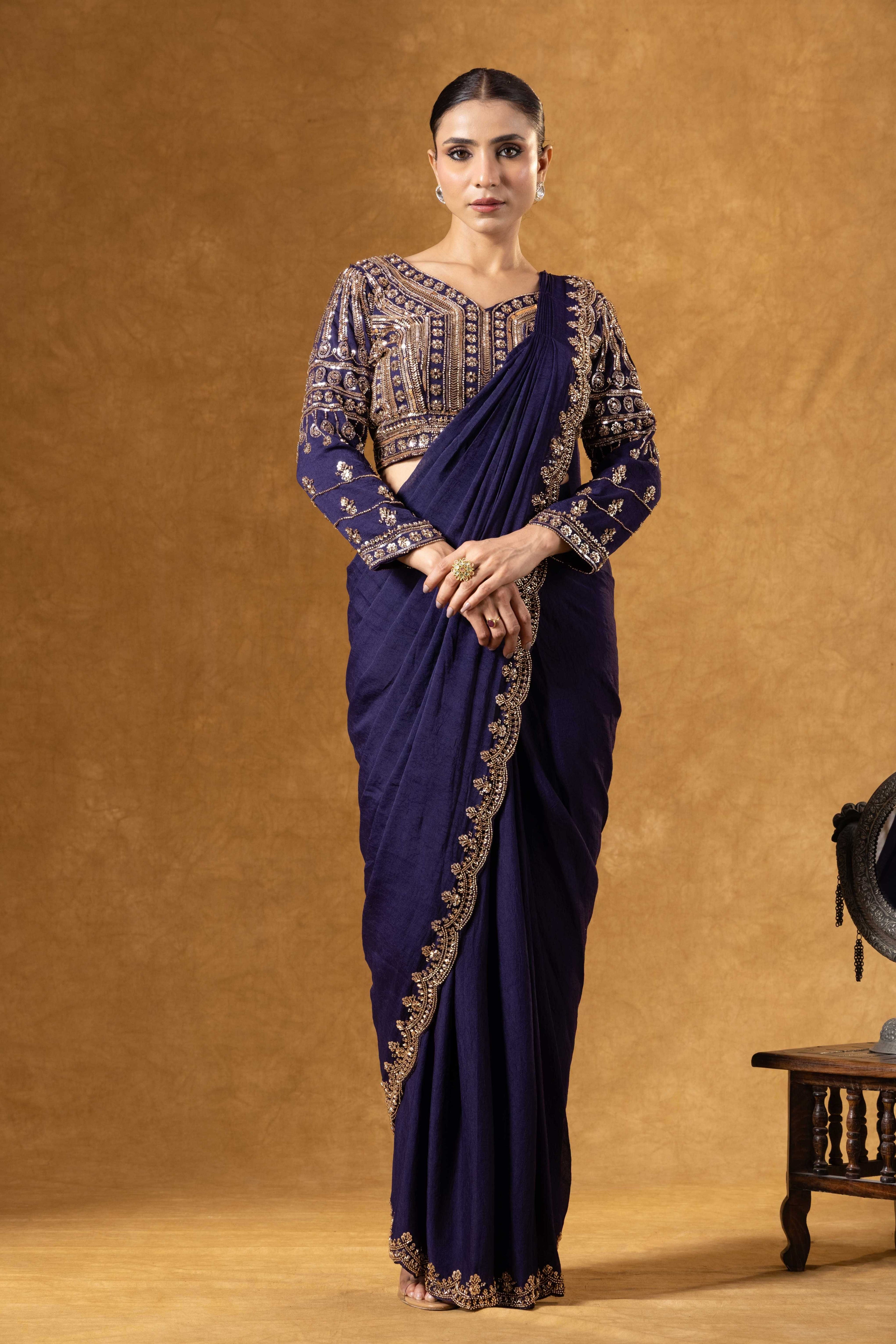 Royal Purple Hand Embroidered Saree Set