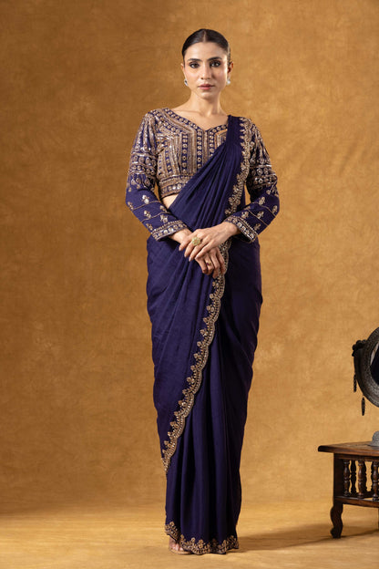Royal Purple Hand Embroidered Saree Set
