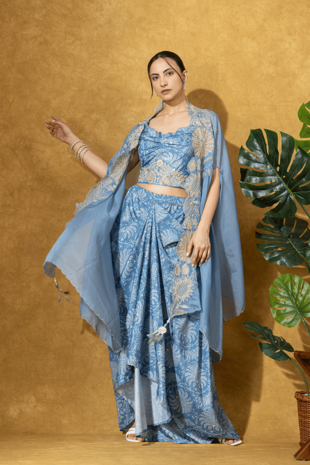Powder Blue Printed Drape Skirt with Cape