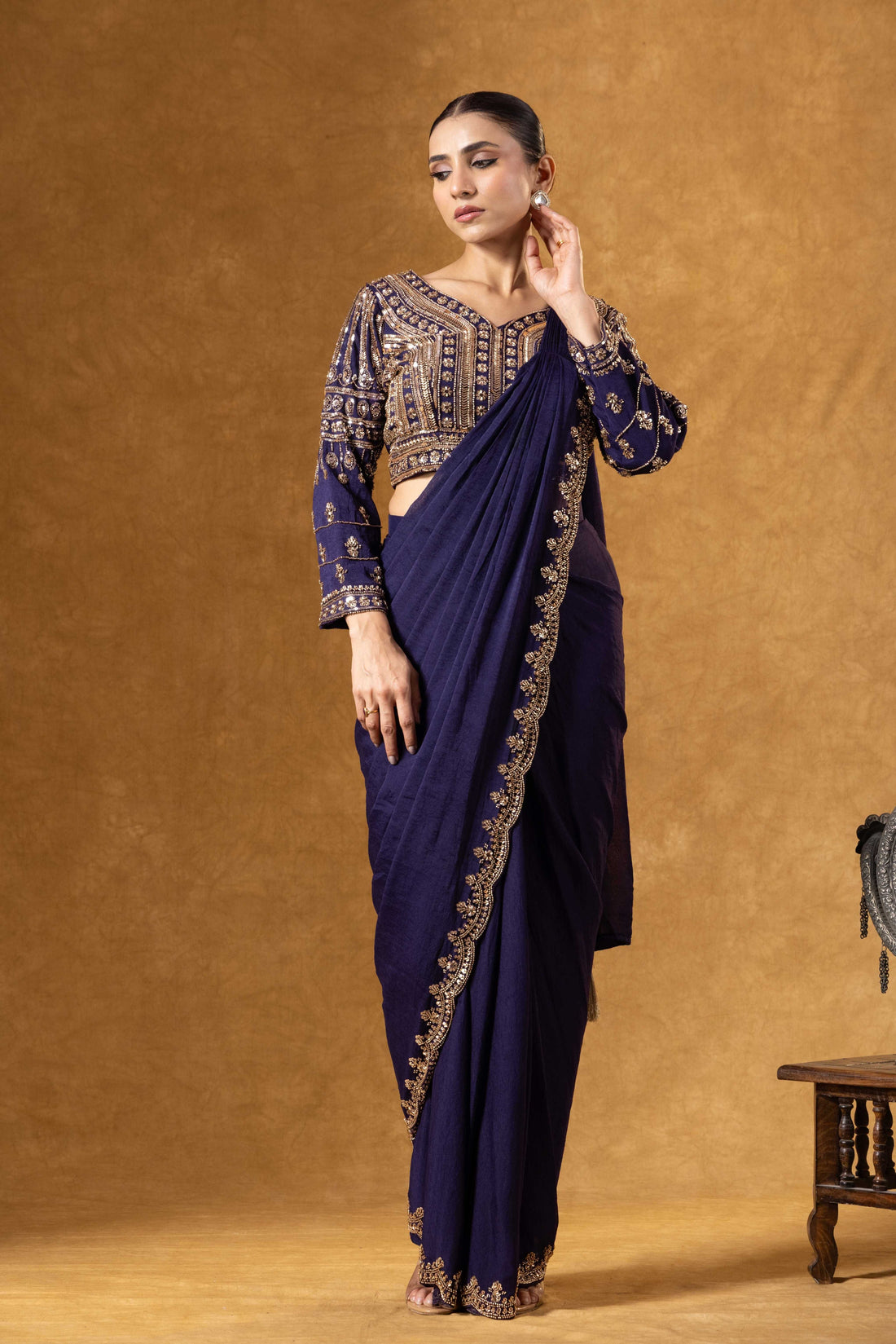 Royal Purple Hand Embroidered Saree Set