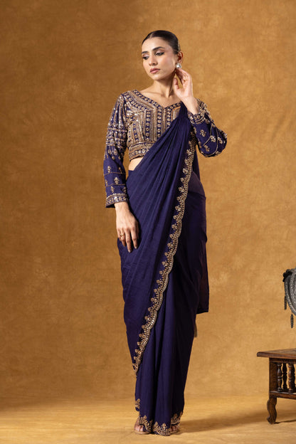 Royal Purple Hand Embroidered Saree Set