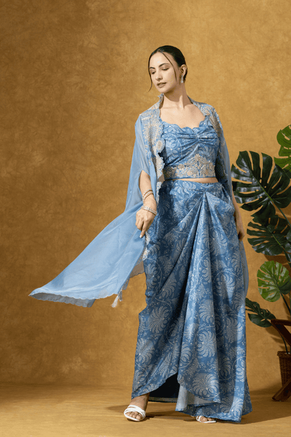Powder Blue Printed Drape Skirt with Cape