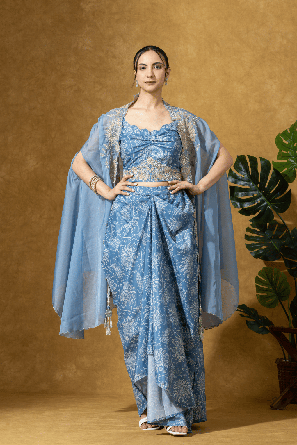 Powder Blue Printed Drape Skirt with Cape