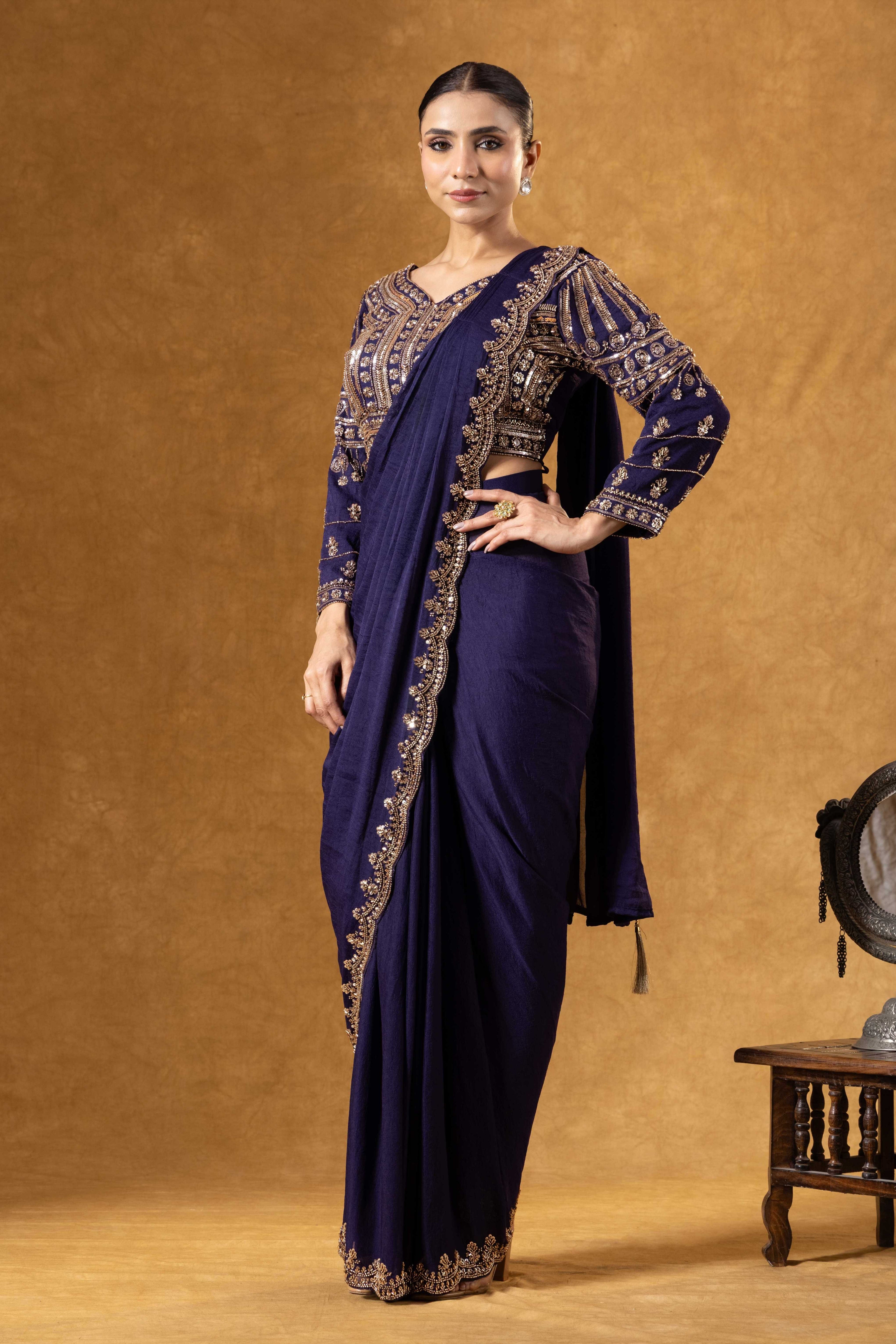 Royal Purple Hand Embroidered Saree Set