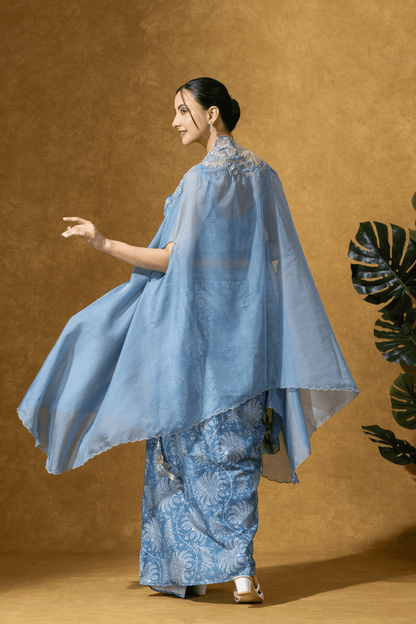 Powder Blue Printed Drape Skirt with Cape