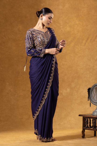 Royal Purple Hand Embroidered Saree Set