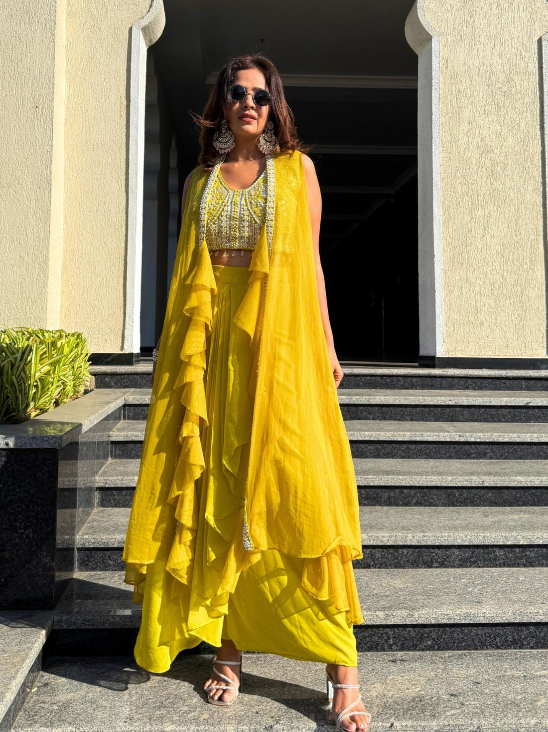 Yellow Embellished Cape Set with Pleated Skirt