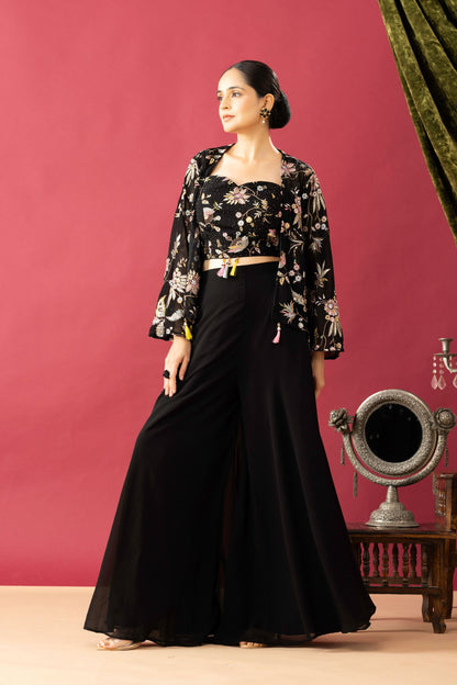 Black Pallazzo Set with Short Embroidered Shrug