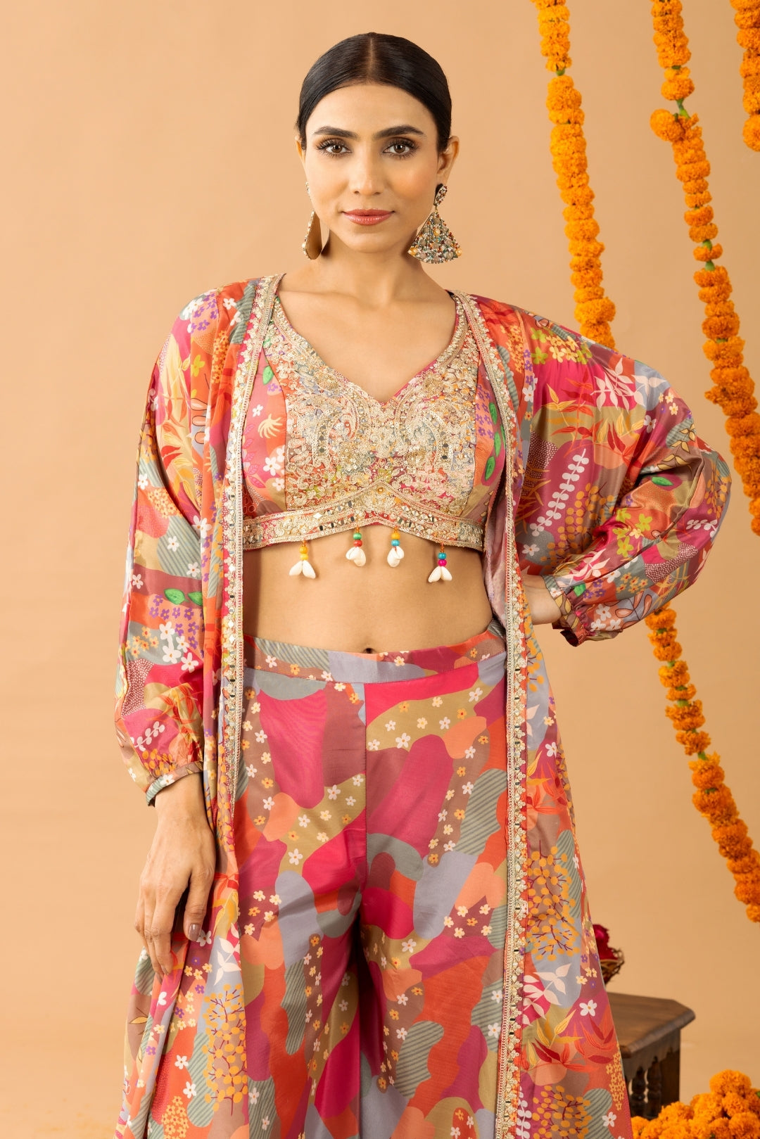 Pink Printed Sharara Set with shrug