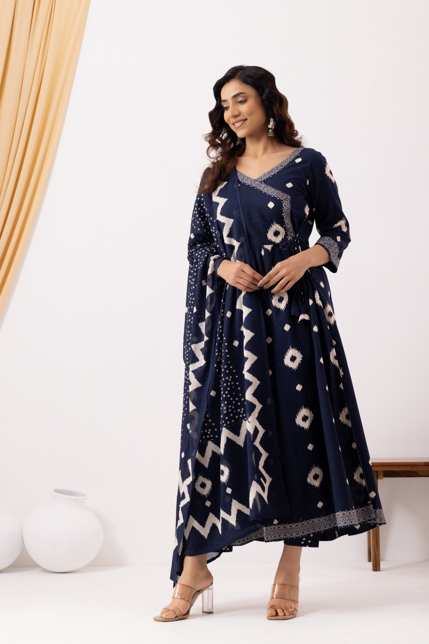 Blue Cotton Printed Angrakha Anarkali Suit Set