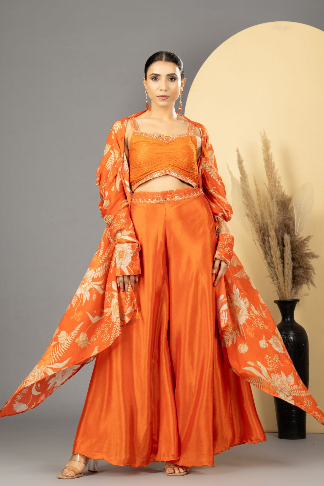 Orange Sharara with Full Sleeves Cape Set