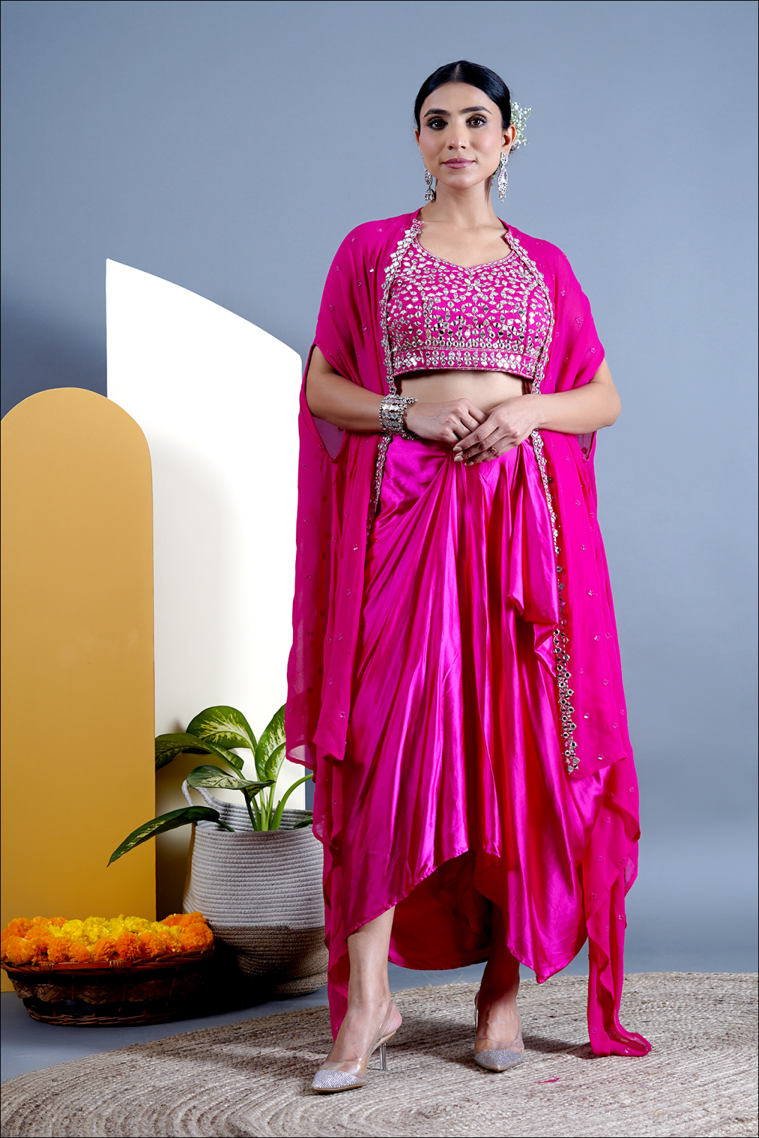 Bright Pink Draped Dhoti With Top and Cape