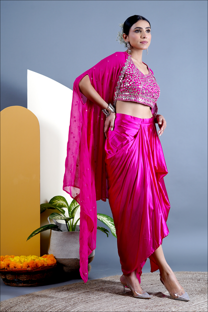 Bright Pink Draped Dhoti With Top and Cape