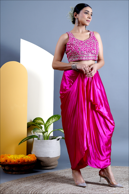 Bright Pink Draped Dhoti With Top and Cape