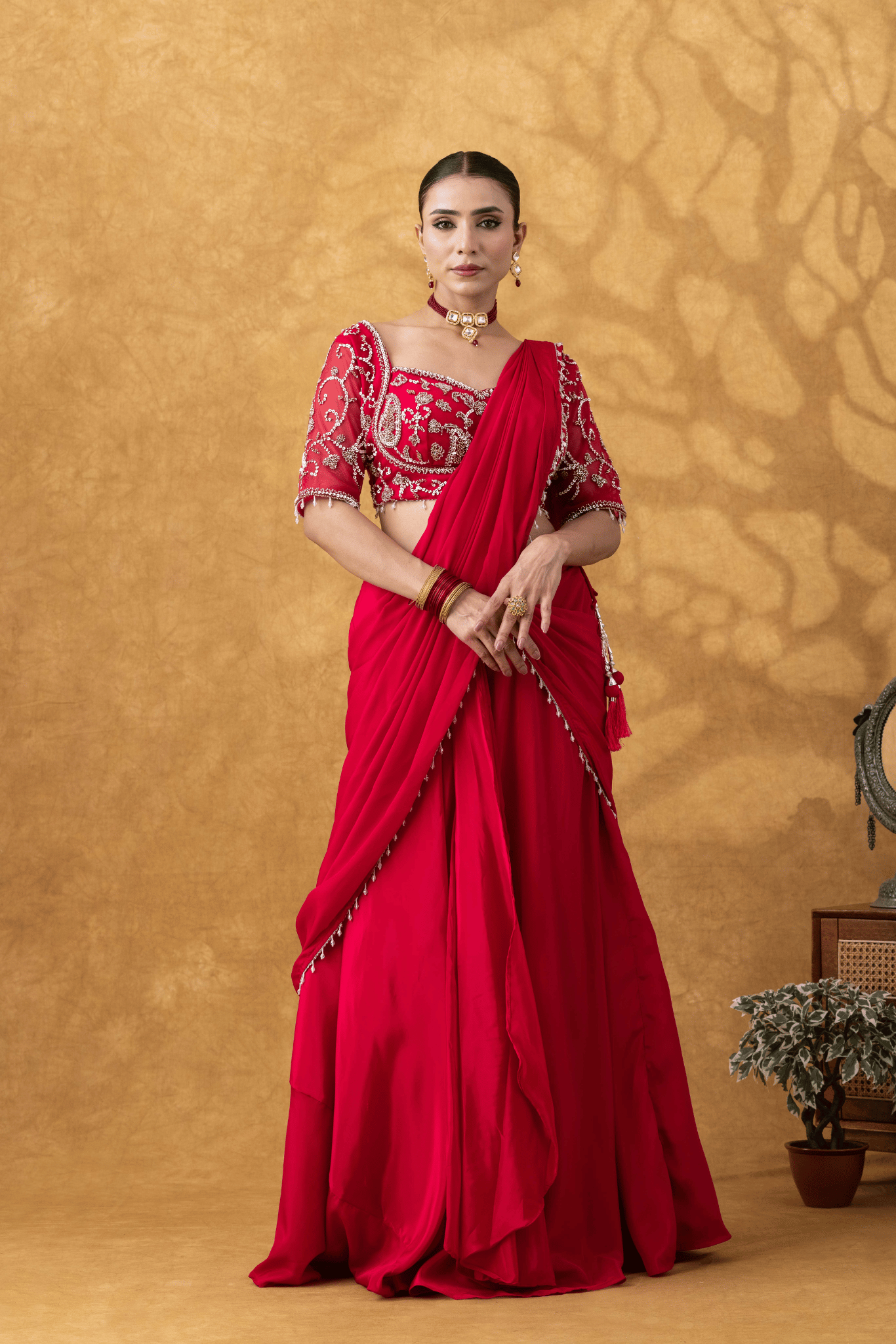 Magenta Pink Moti Work Pre-Drape Saree