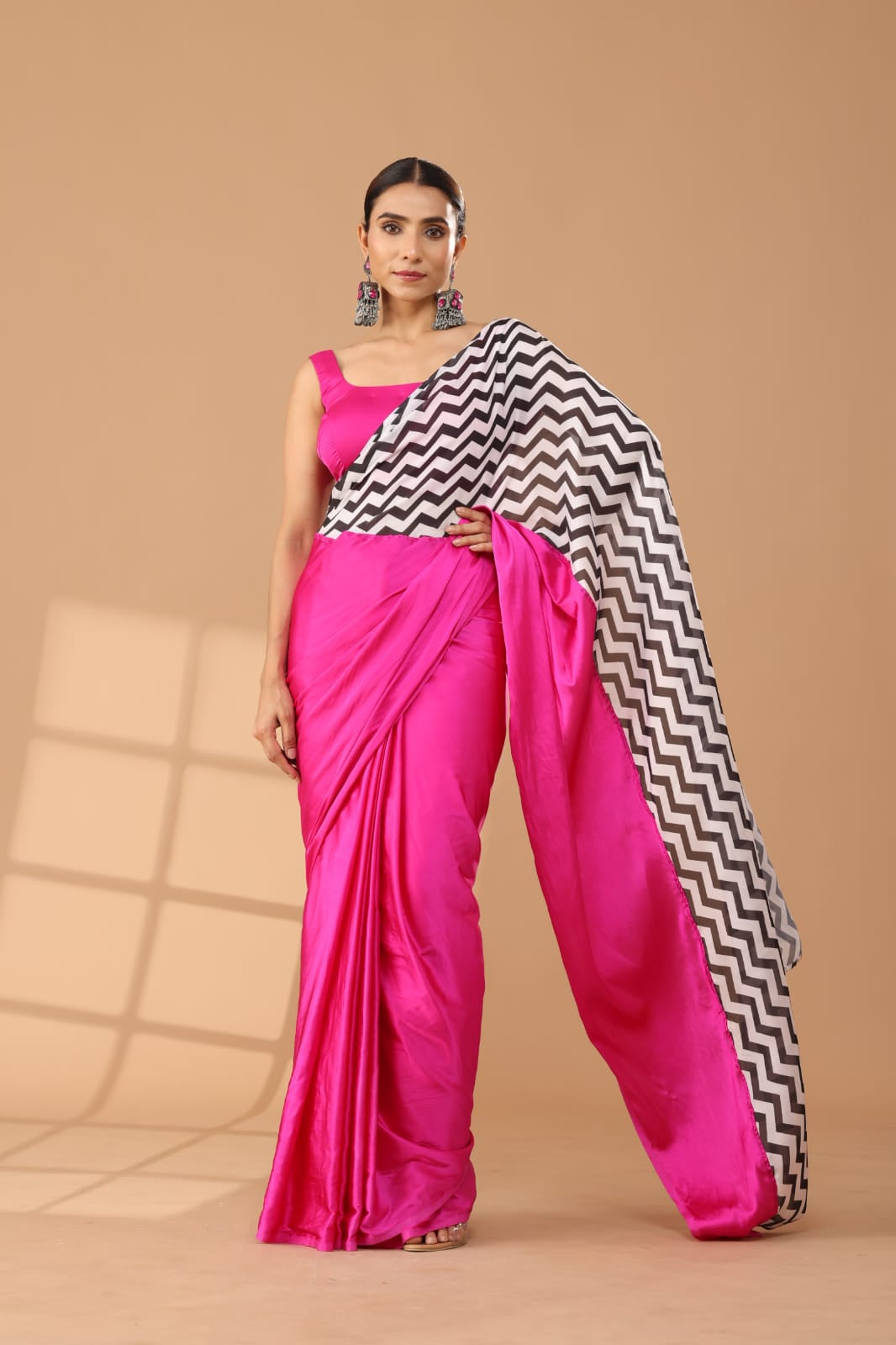 Fuchsia Satin Saree with Chevron Print &amp; Fabric Blouse