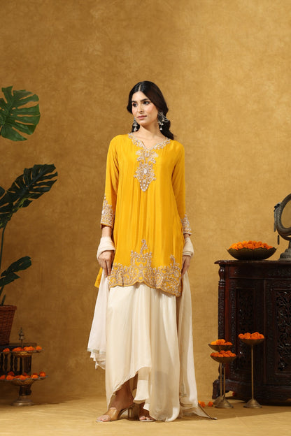 Golden Yellow Embroidered Kurta with Pleated Dhoti Skirt Set
