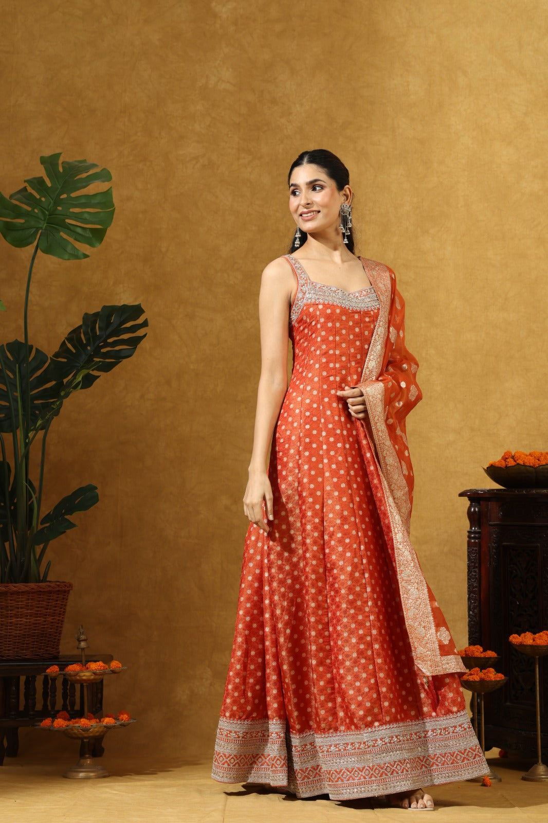 Coral Orange Printed Embellished Anarkali