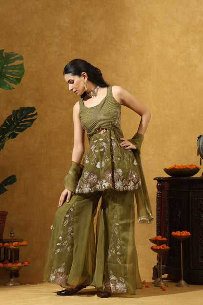 Embroidered Indo-Western Sharara Set in Olive Green