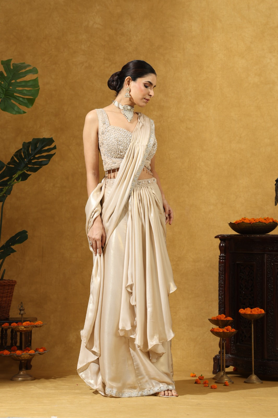 Champagne Gold Ivory Embellished Saree Set