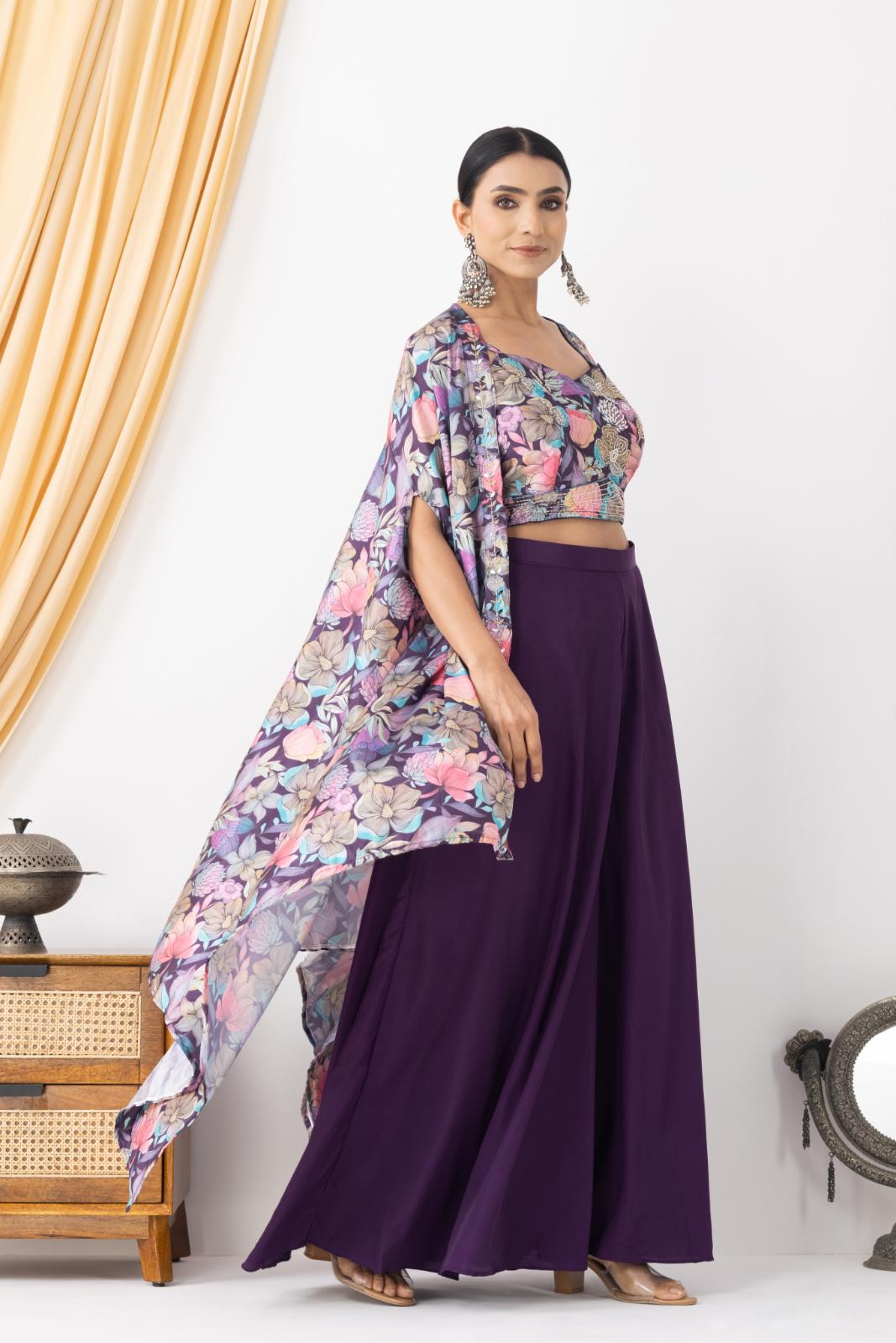 Purple Georgette Palazzo Set with Floral Cape