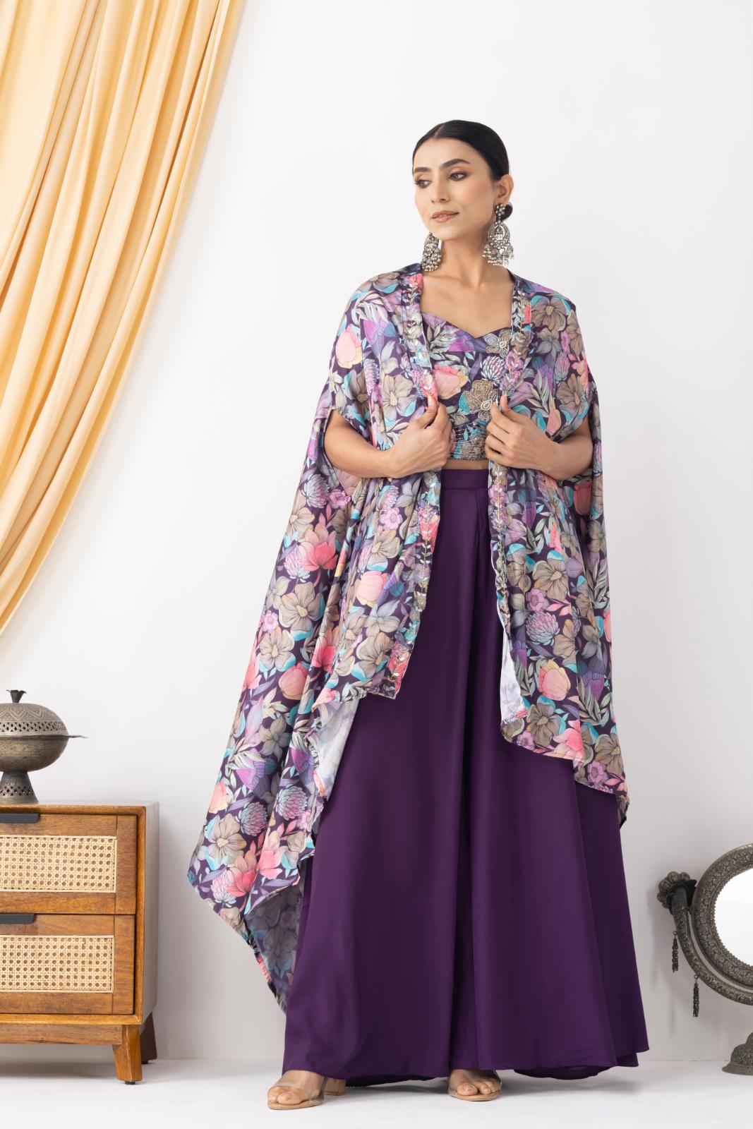 Purple Georgette Palazzo Set with Floral Cape