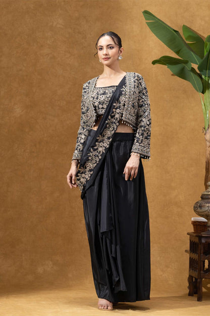 Black Royale Jacket Saree Set