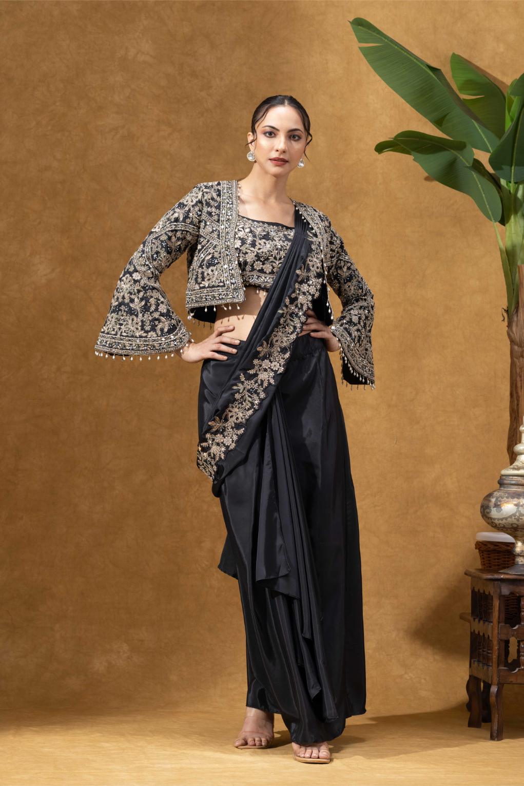 Black Royale Jacket Saree Set