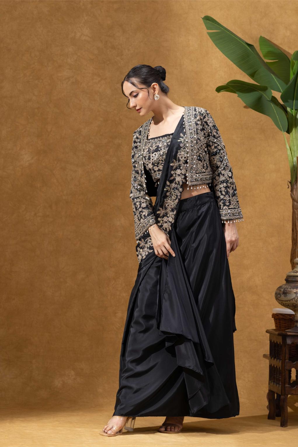 Black Royale Jacket Saree Set
