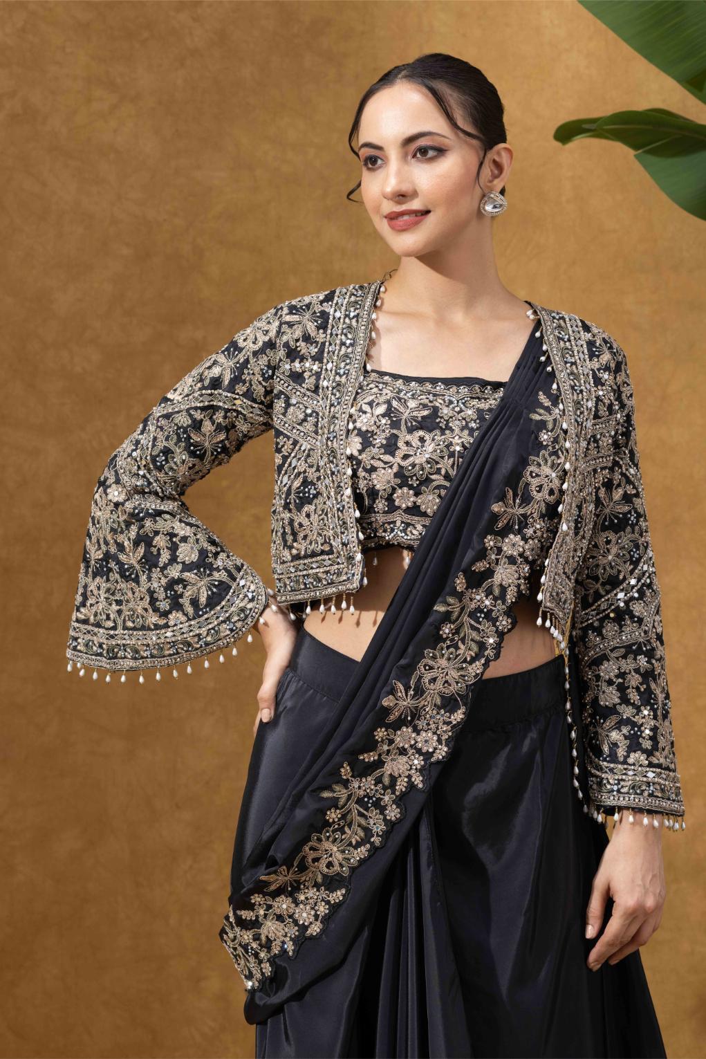 Black Royale Jacket Saree Set