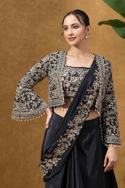 Black Royale Jacket Saree Set
