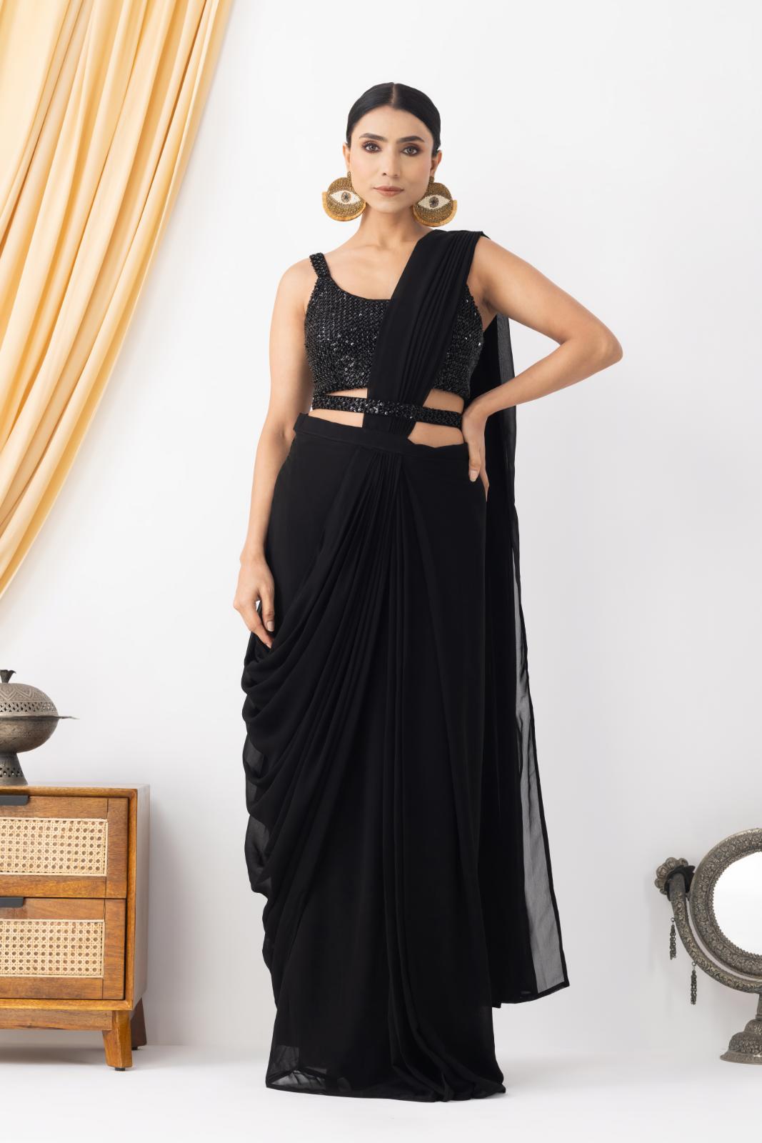 Night Black Silk Georgette Blend Cut dana Embroidered Pre-Draped Saree Set