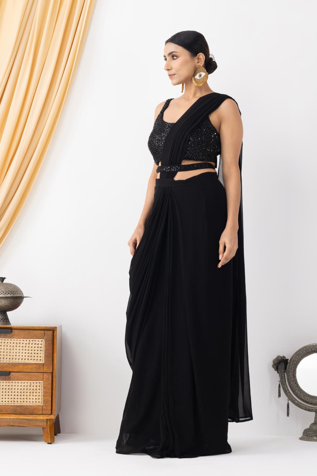 Night Black Silk Georgette Blend Cut dana Embroidered Pre-Draped Saree Set