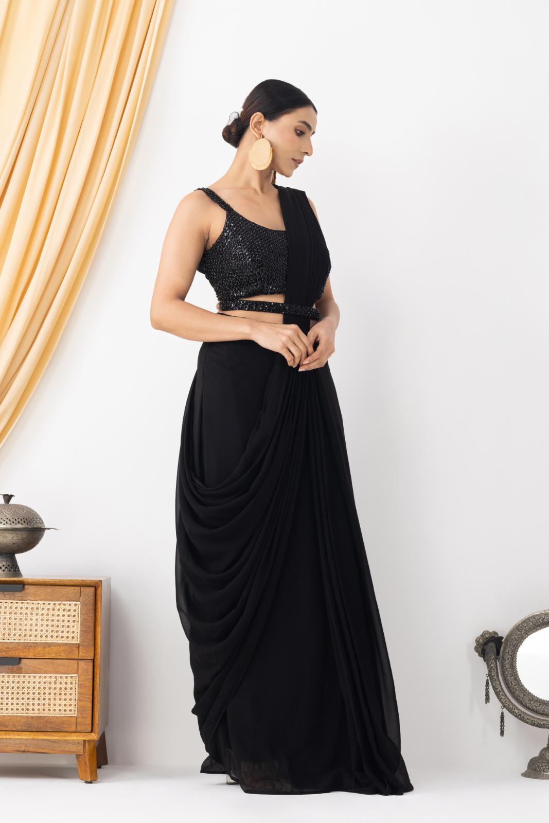 Night Black Silk Georgette Blend Cut dana Embroidered Pre-Draped Saree Set