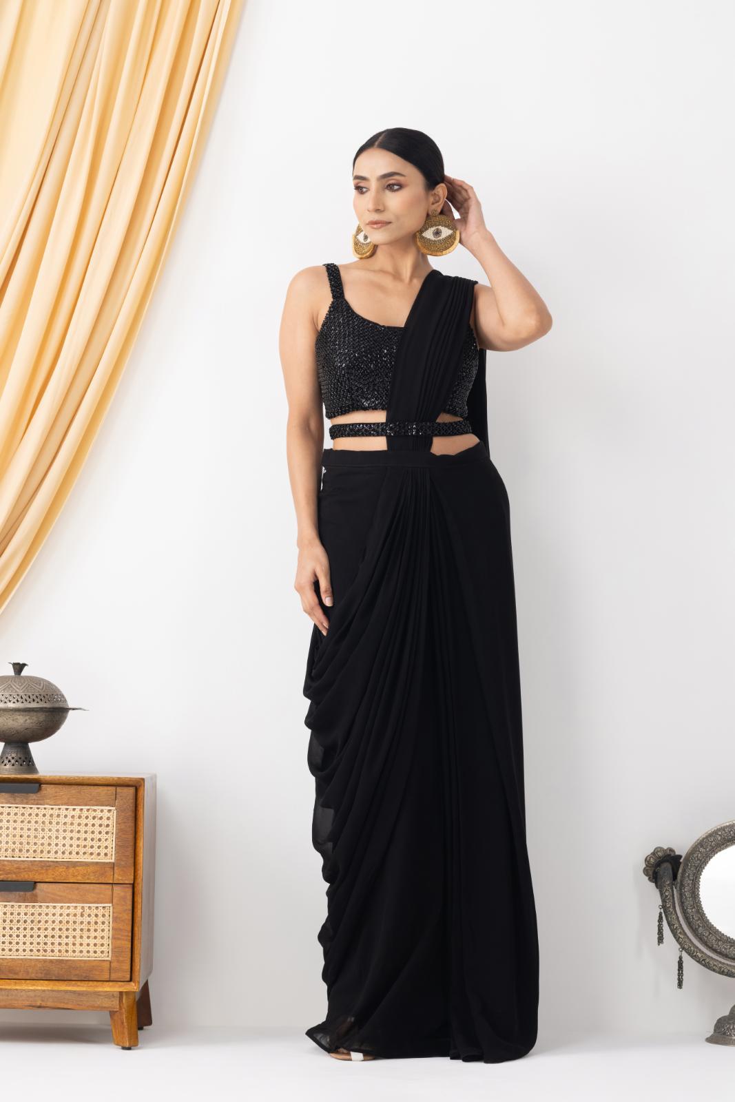 Night Black Silk Georgette Blend Cut dana Embroidered Pre-Draped Saree Set