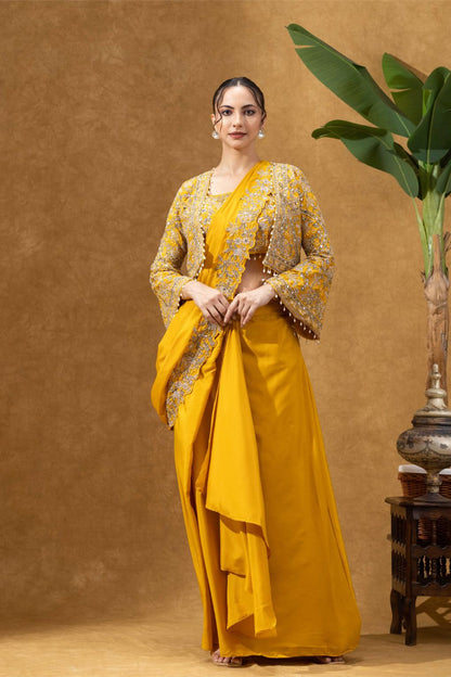 Yellow Royale Jacket Saree Set