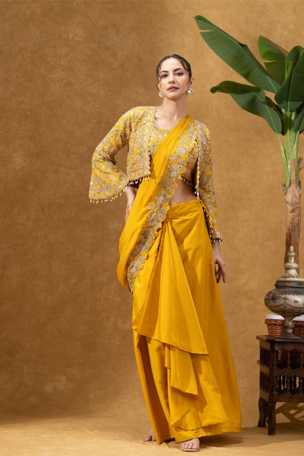 Yellow Royale Jacket Saree Set