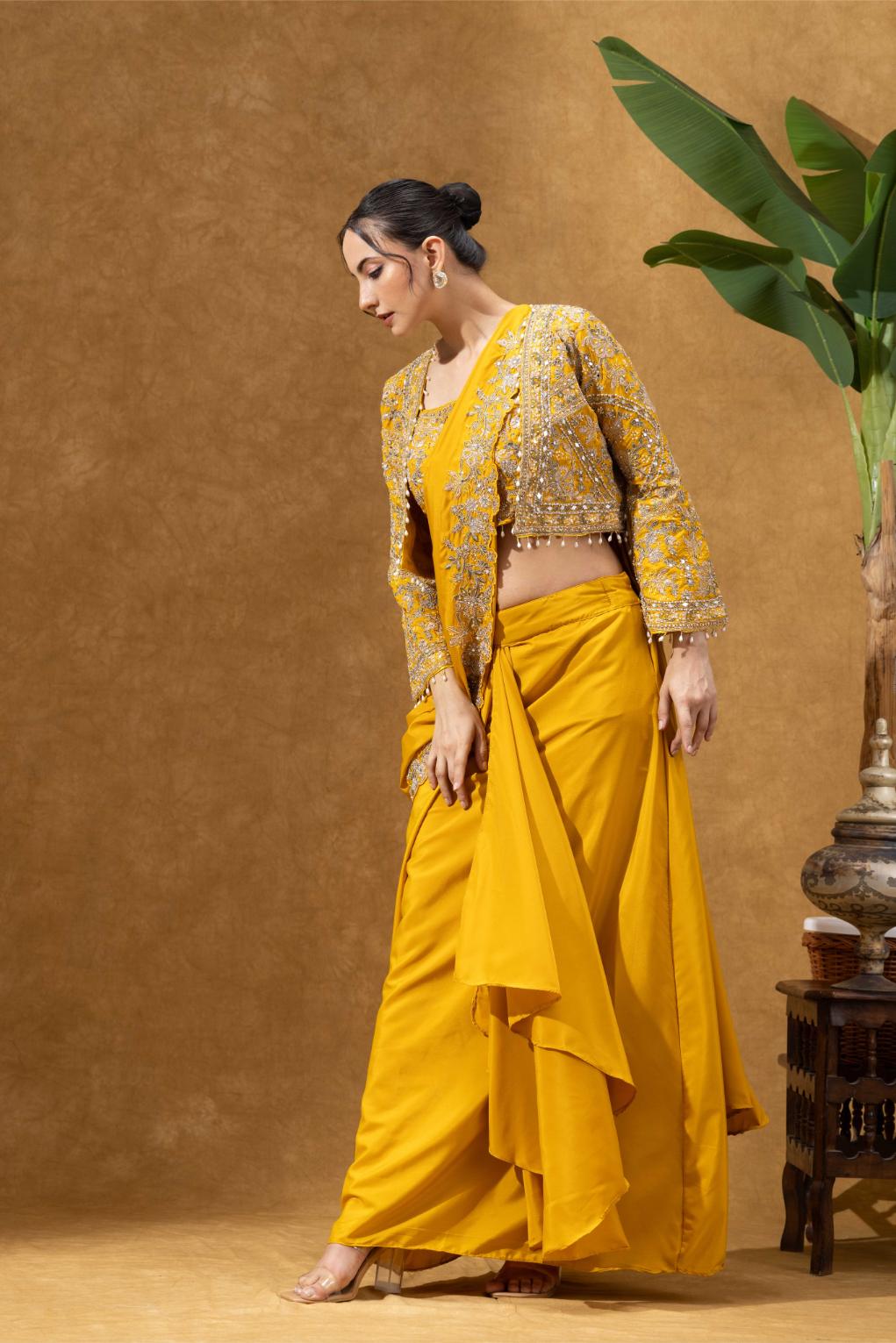 Yellow Royale Jacket Saree Set