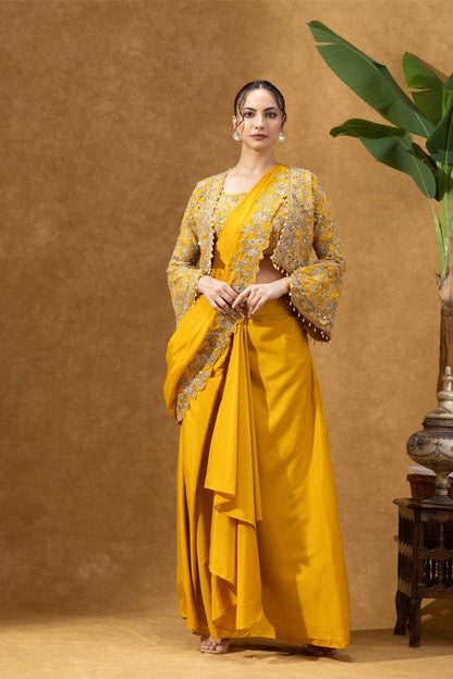 Yellow Royale Jacket Saree Set