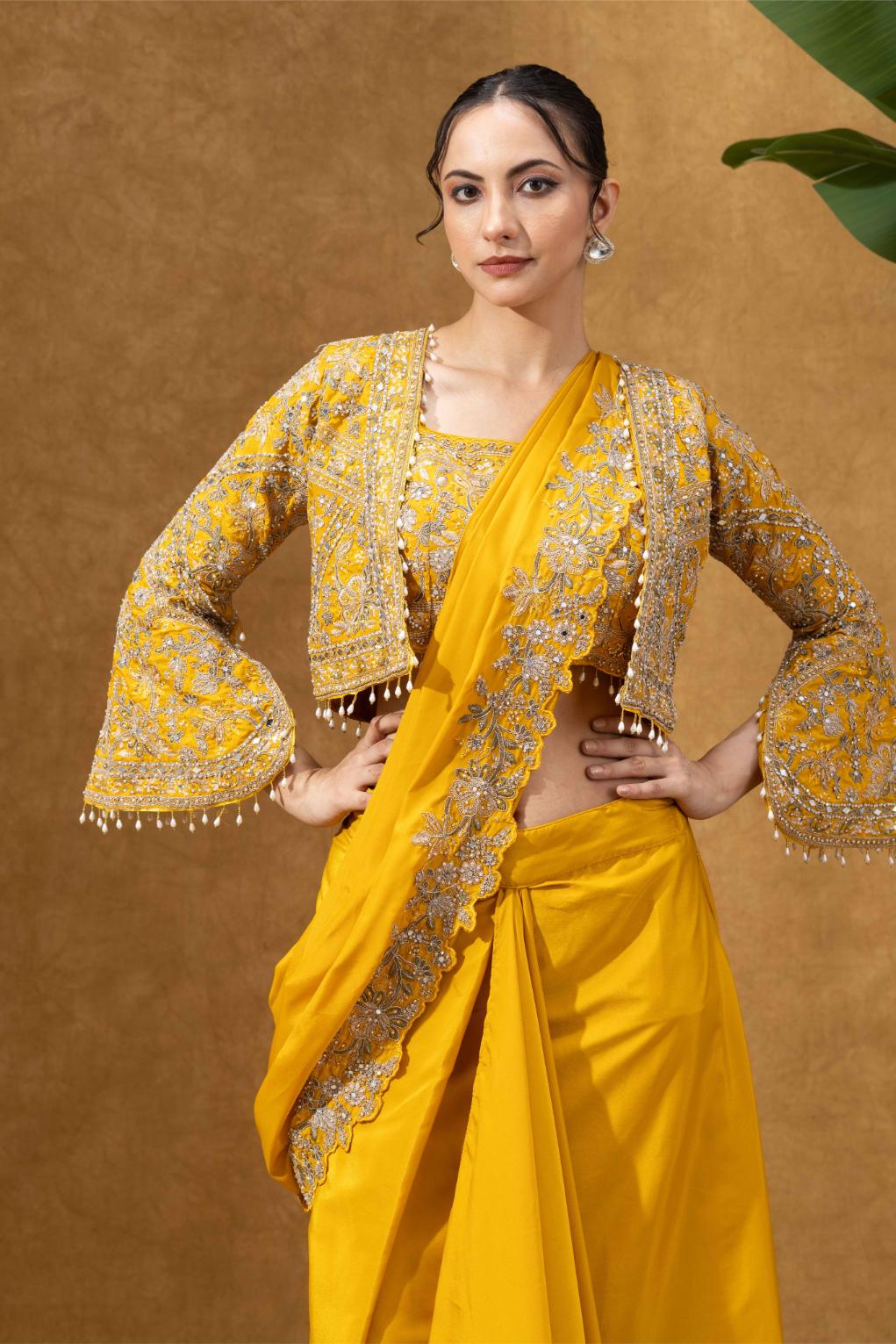 Yellow Royale Jacket Saree Set