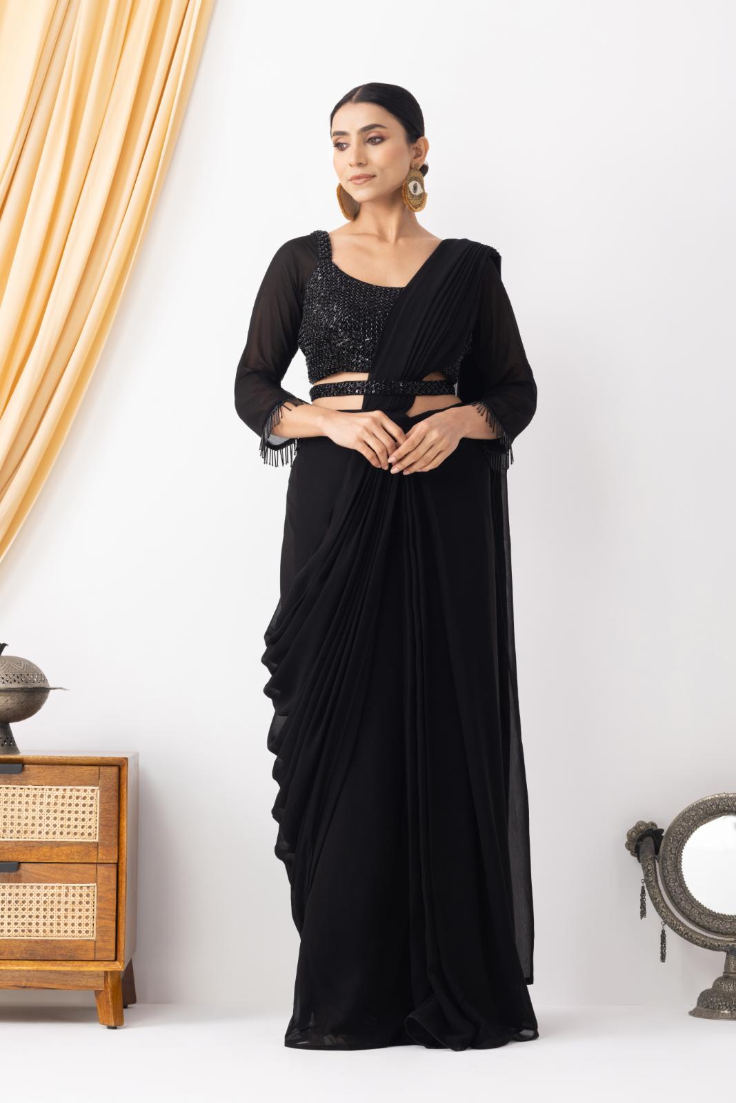 Night Black Silk Georgette Blend Cut dana Embroidered Pre-Draped Saree Set