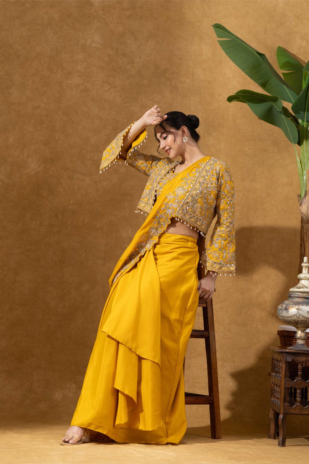 Yellow Royale Jacket Saree Set