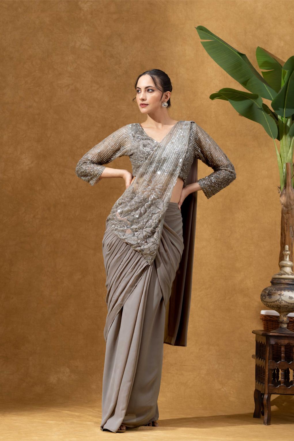 Shimmering Champagne Taupe Hand-Embellished Pre-Draped with Full sleeves Blouse