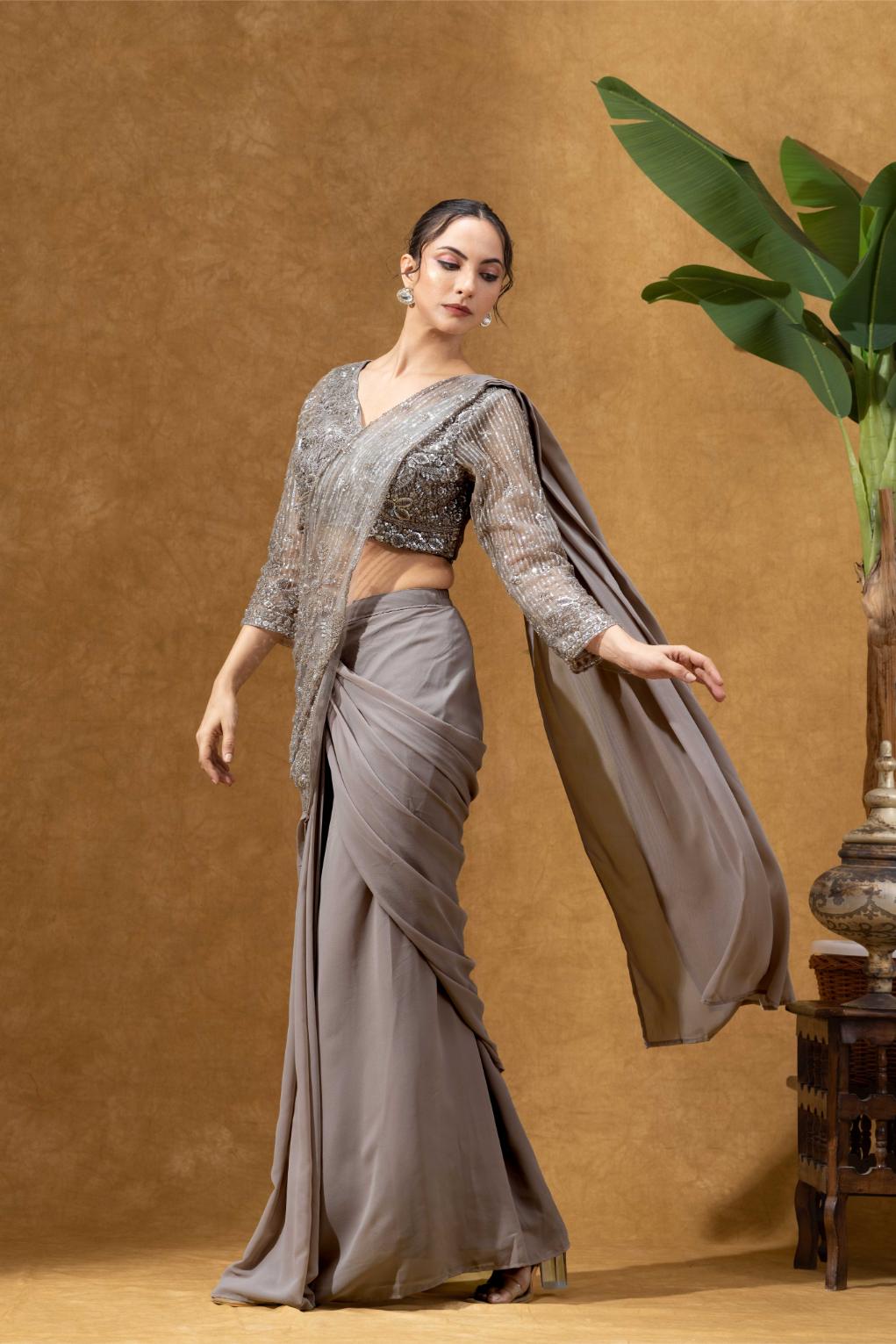 Shimmering Champagne Taupe Hand-Embellished Pre-Draped with Full sleeves Blouse