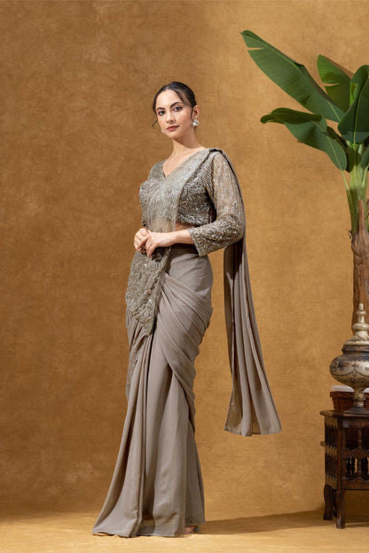 Shimmering Champagne Taupe Hand-Embellished Pre-Draped with Full sleeves Blouse