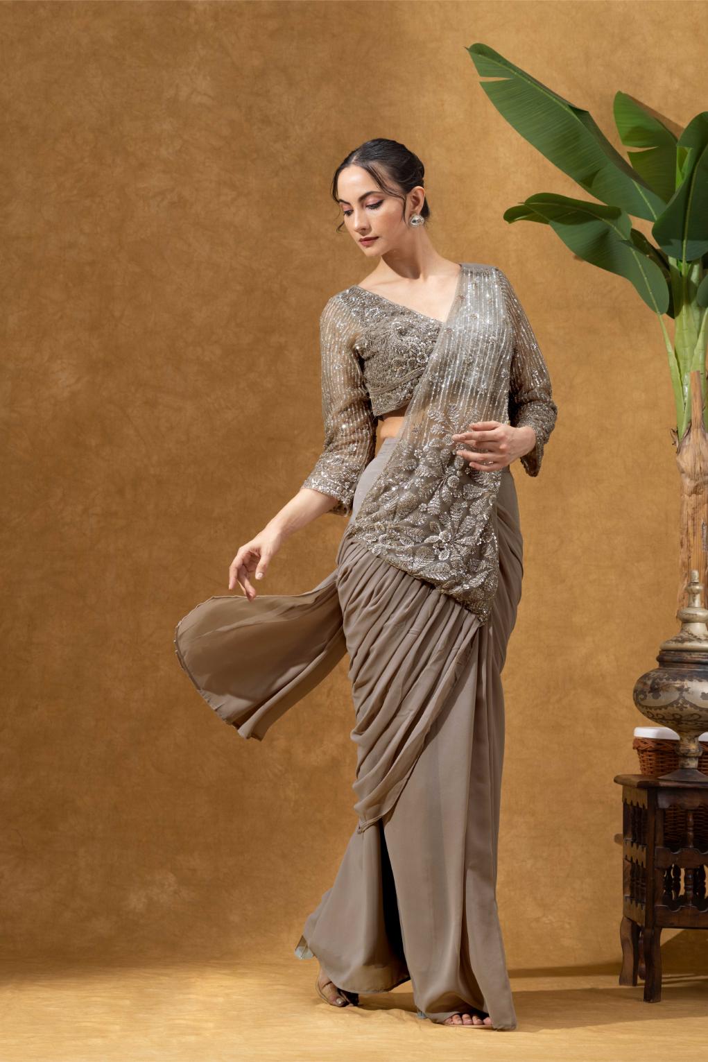 Shimmering Champagne Taupe Hand-Embellished Pre-Draped with Full sleeves Blouse